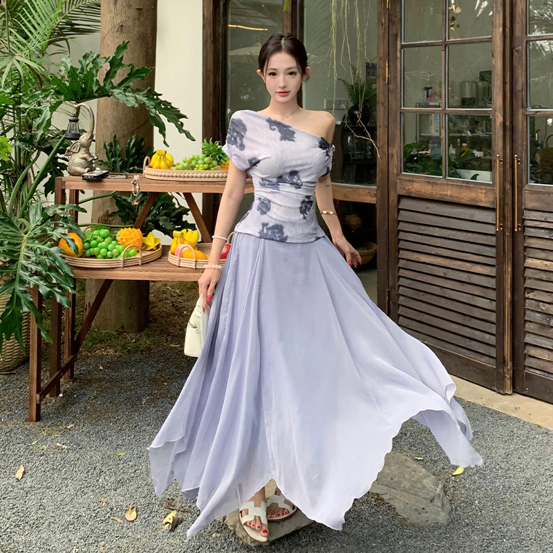 France style fashion tops big skirt printing skirt a set