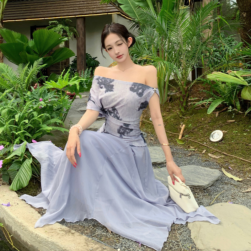 France style fashion tops big skirt printing skirt a set