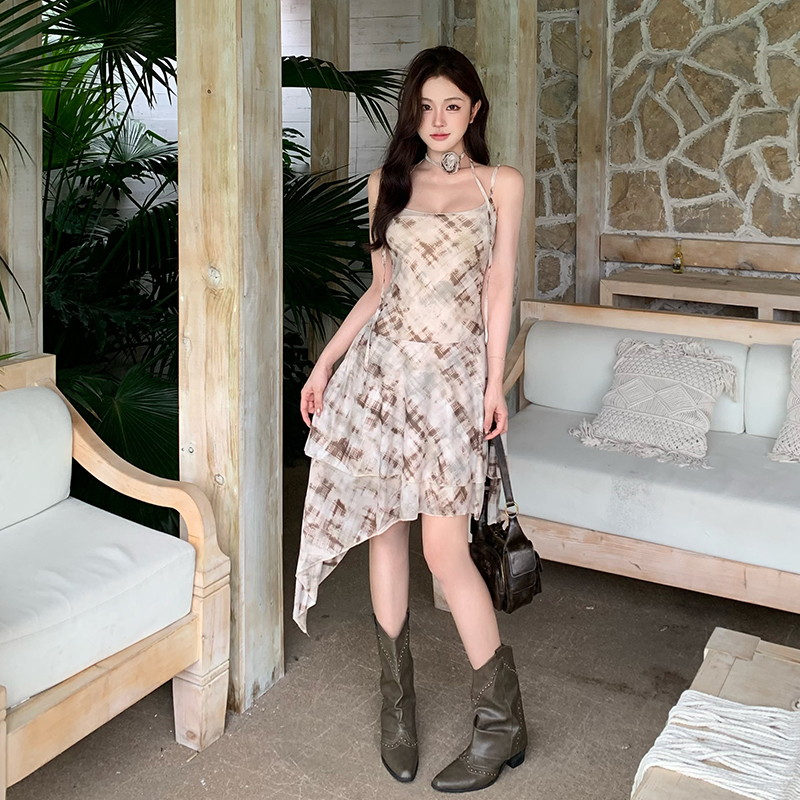 Flowers gauze summer irregular scarf plaid dress