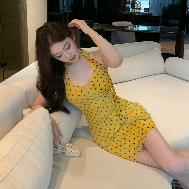 Retro summer polka dot T-back halter V-neck dress
