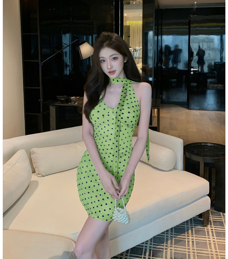 Retro summer polka dot T-back halter V-neck dress