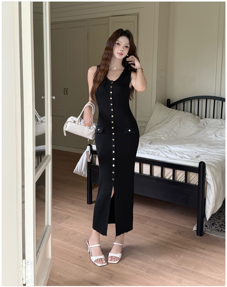 Slim round neck long dress split France style vest