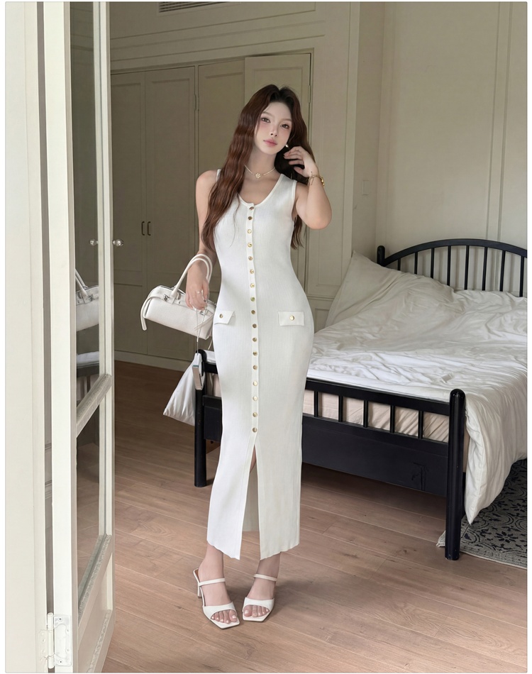 Slim round neck long dress split France style vest