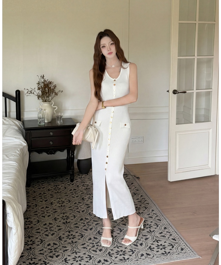 Slim round neck long dress split France style vest