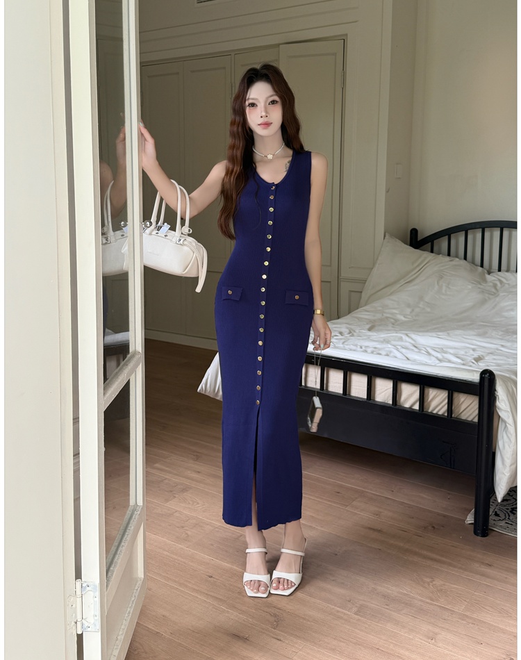 Slim round neck long dress split France style vest