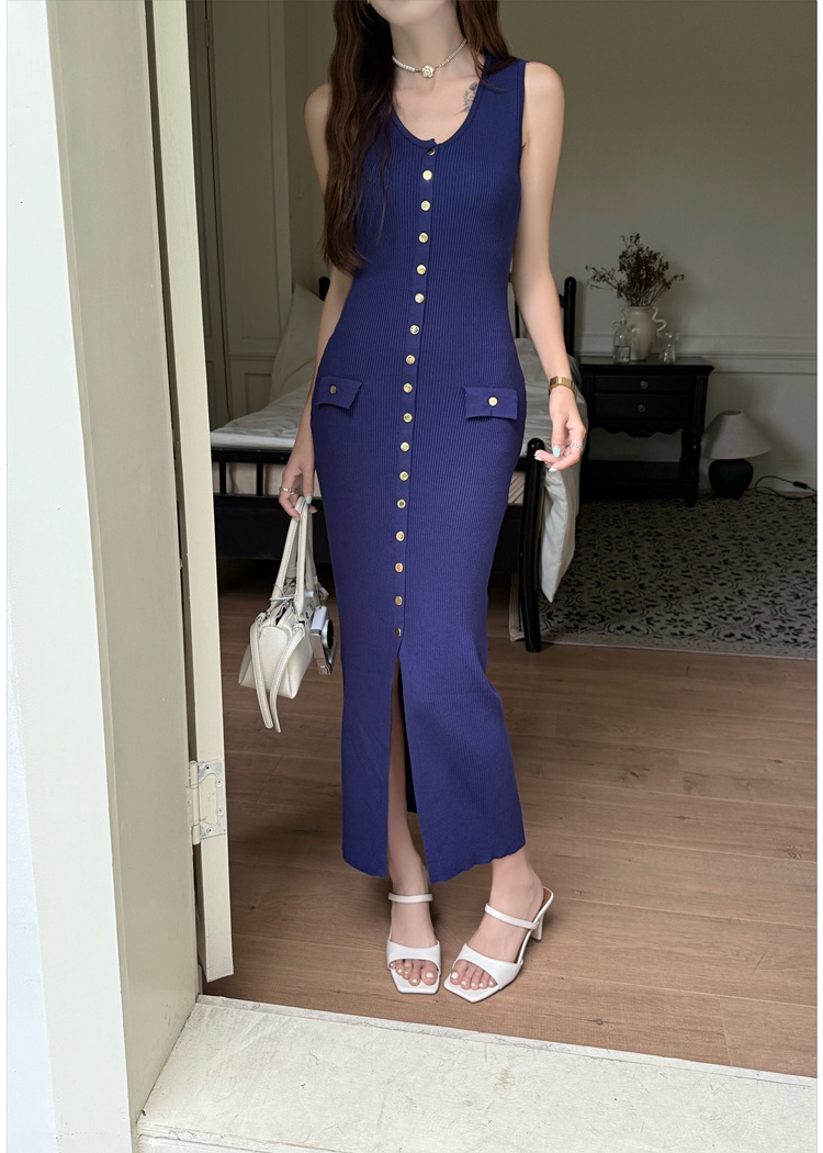 Slim round neck long dress split France style vest