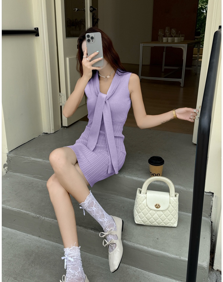 Short knitted France style small fellow dress for women