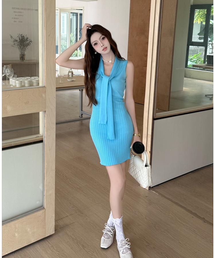 Short knitted France style small fellow dress for women