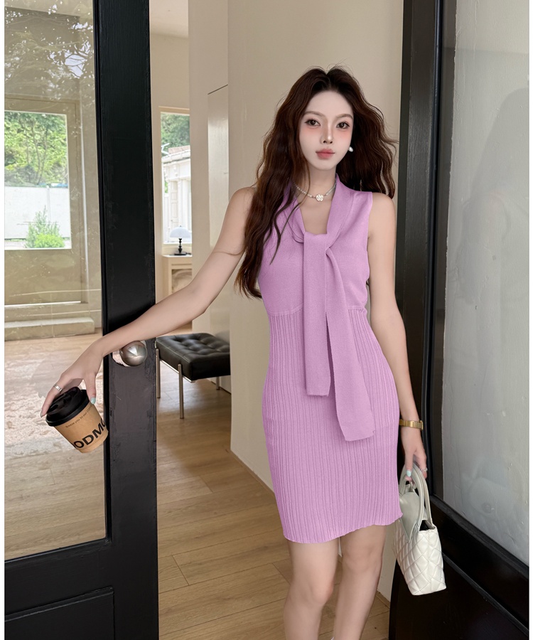 Short knitted France style small fellow dress for women