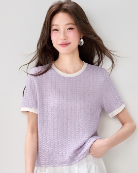 Unique purple round neck tops temperament summer slim T-shirt