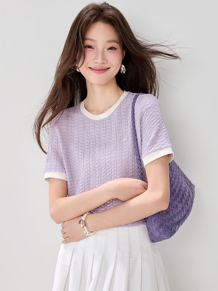 Unique purple round neck tops temperament summer slim T-shirt