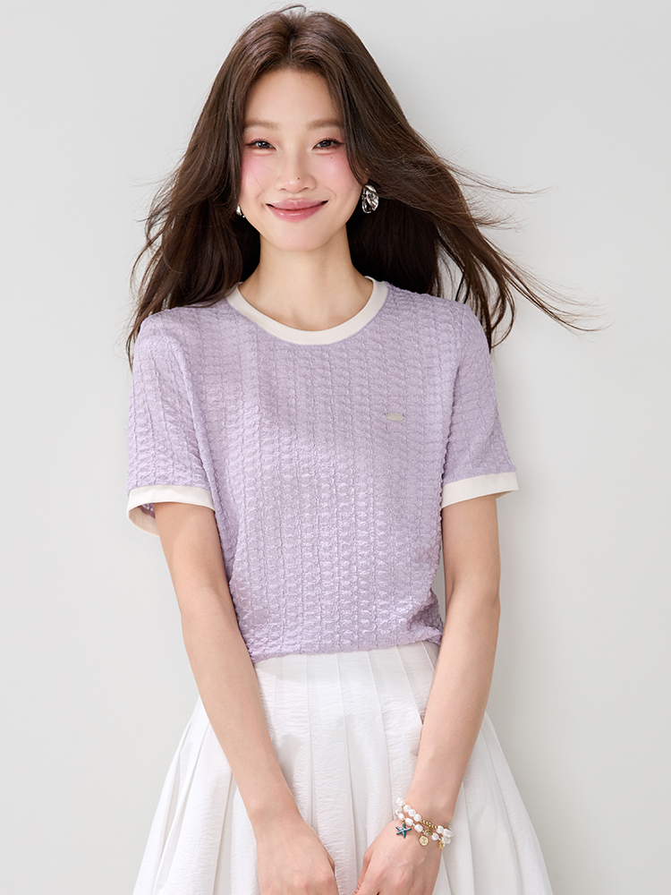 Unique purple round neck tops temperament summer slim T-shirt