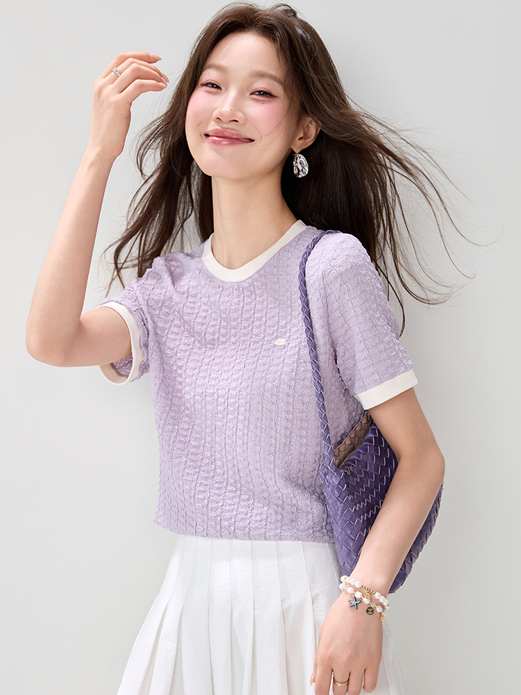 Unique purple round neck tops temperament summer slim T-shirt