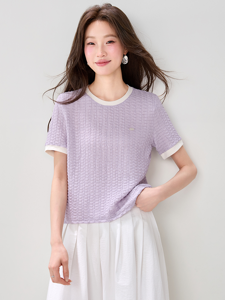 Unique purple round neck tops temperament summer slim T-shirt