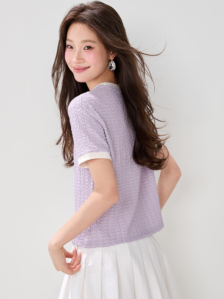 Unique purple round neck tops temperament summer slim T-shirt