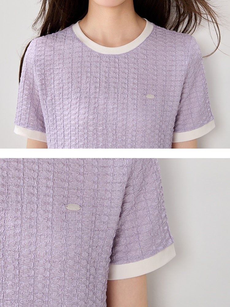Unique purple round neck tops temperament summer slim T-shirt