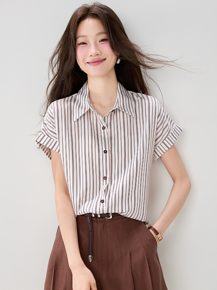 Loose commuting tops stripe short sleeve shirt for women