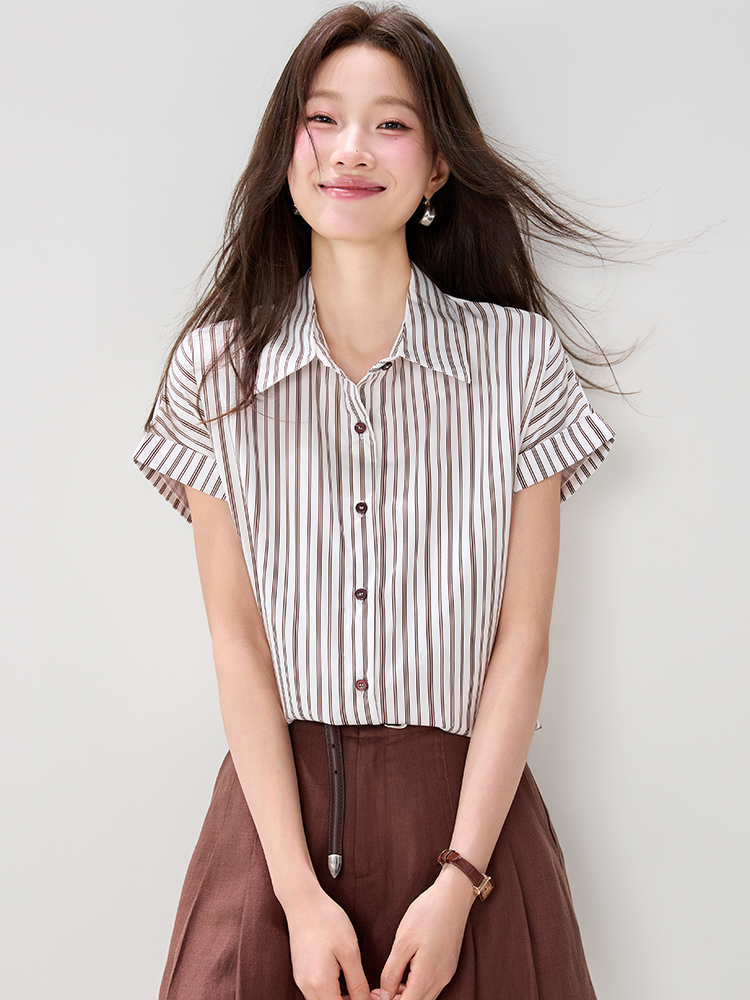 Loose commuting tops stripe short sleeve shirt for women