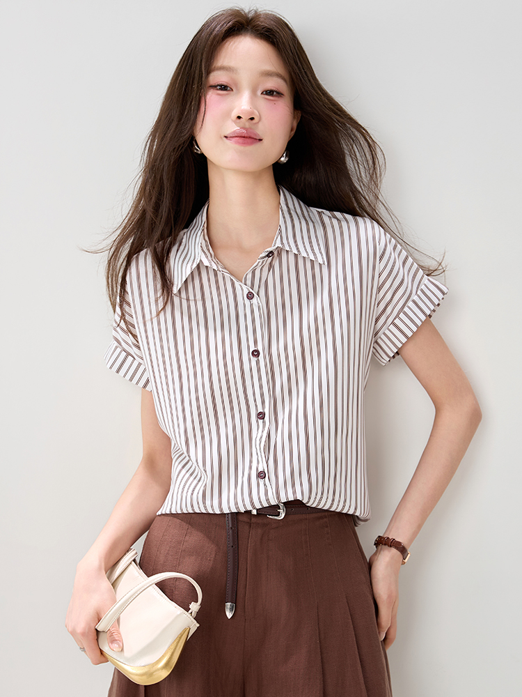 Loose commuting tops stripe short sleeve shirt for women