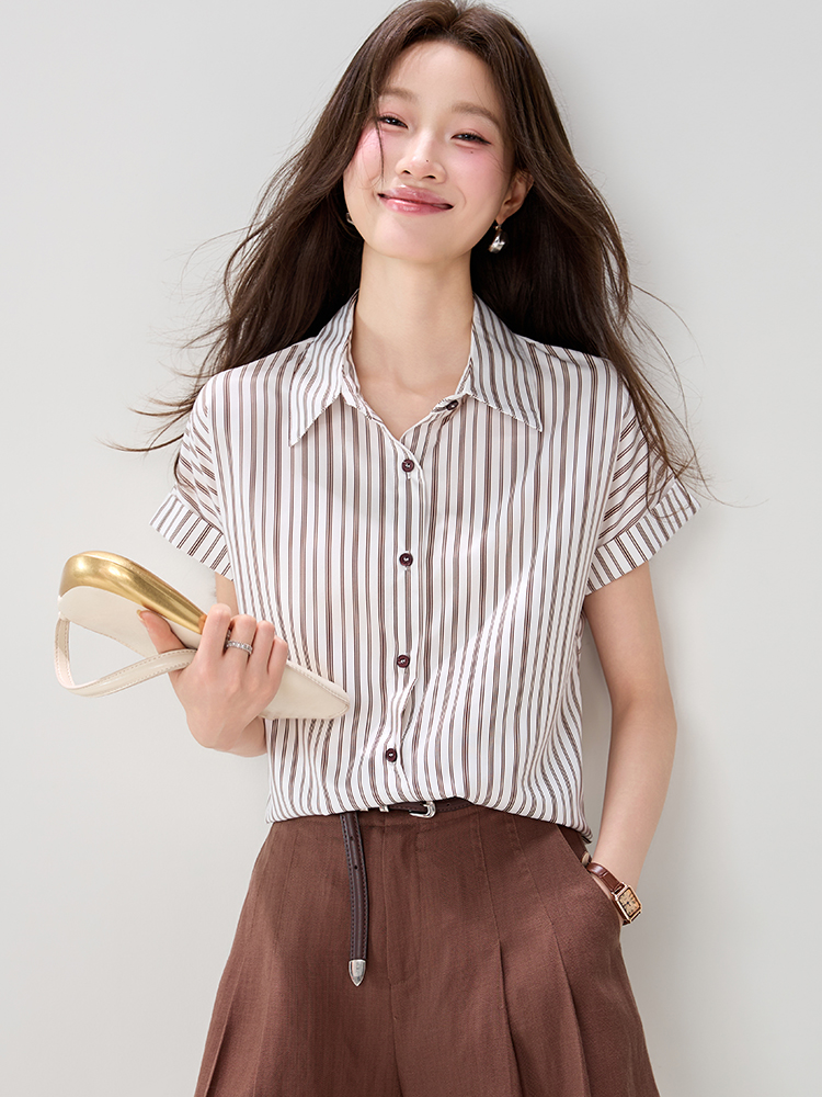 Loose commuting tops stripe short sleeve shirt for women