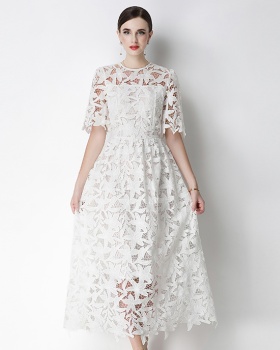 Long pinched waist dress lace round neck formal dress
