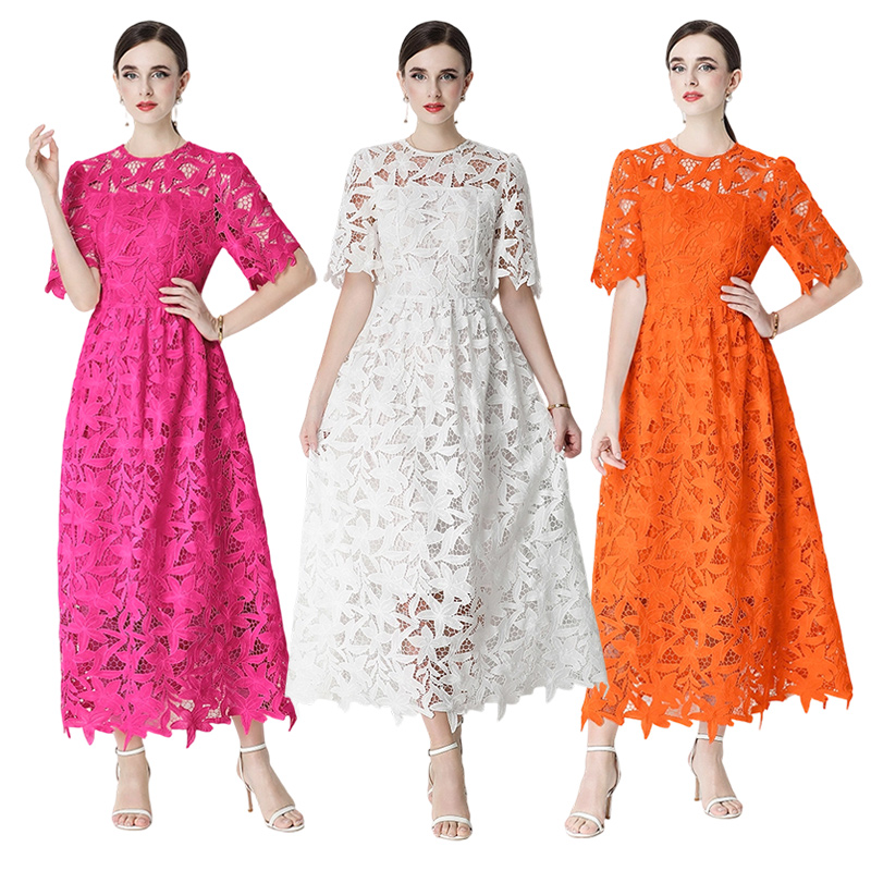 Long pinched waist dress lace round neck formal dress
