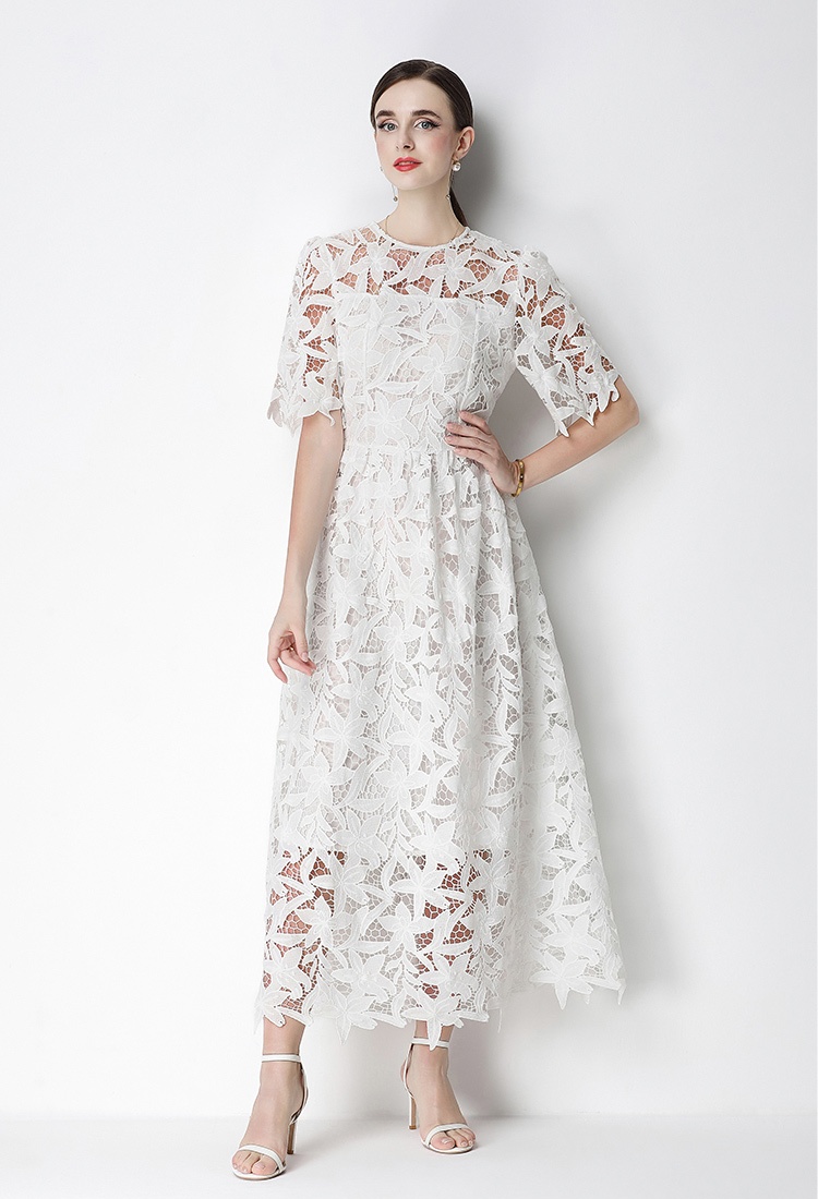 Long pinched waist dress lace round neck formal dress