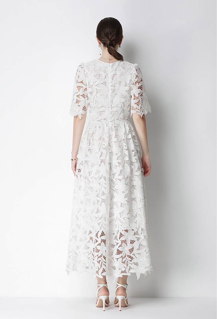 Long pinched waist dress lace round neck formal dress