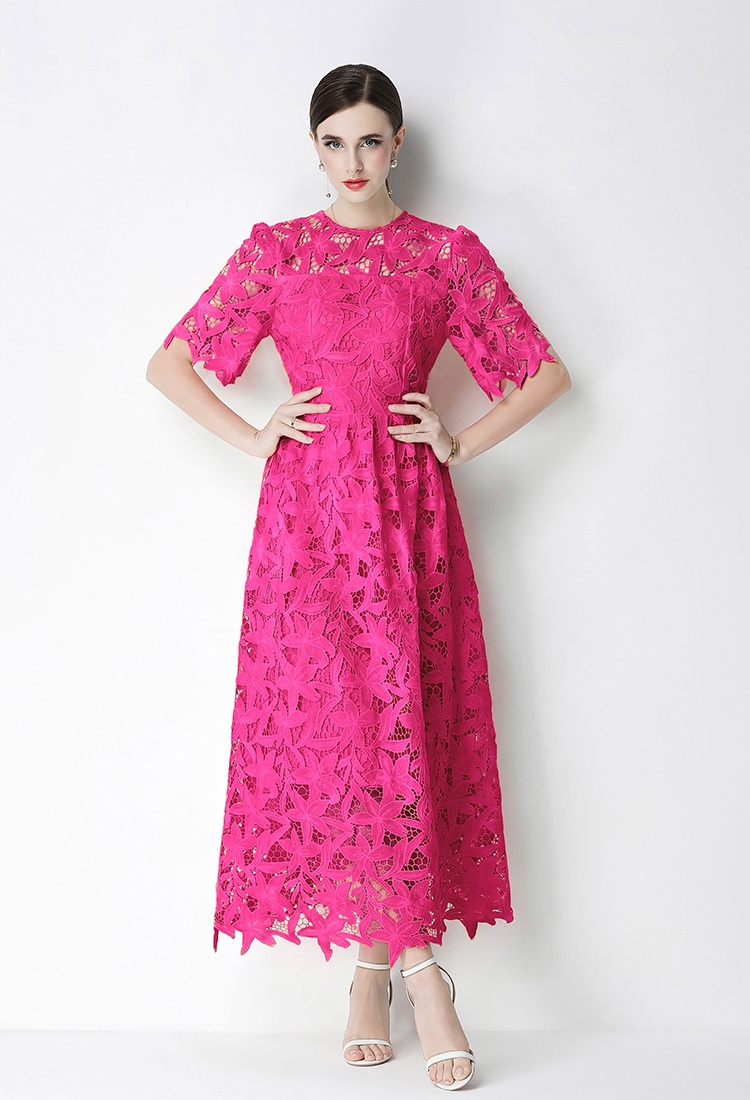 Long pinched waist dress lace round neck formal dress