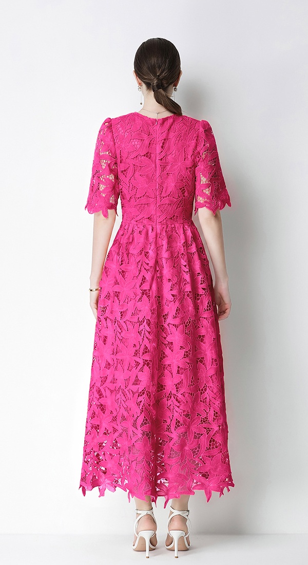 Long pinched waist dress lace round neck formal dress