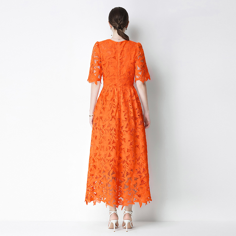 Long pinched waist dress lace round neck formal dress