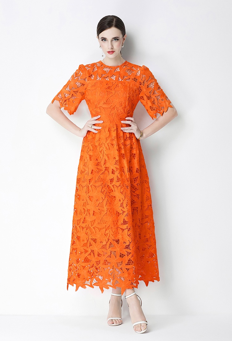Long pinched waist dress lace round neck formal dress