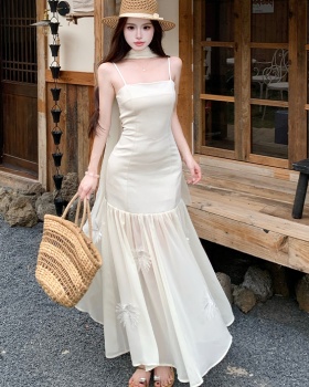 Sling flowers pinched waist dress lady splice long dress
