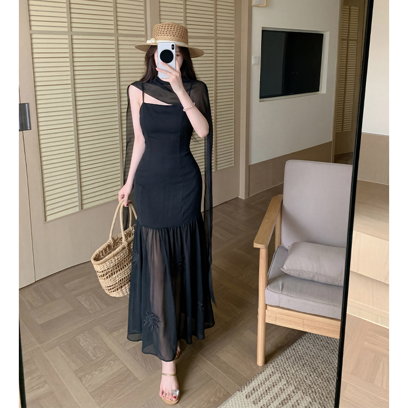 Sling flowers pinched waist dress lady splice long dress