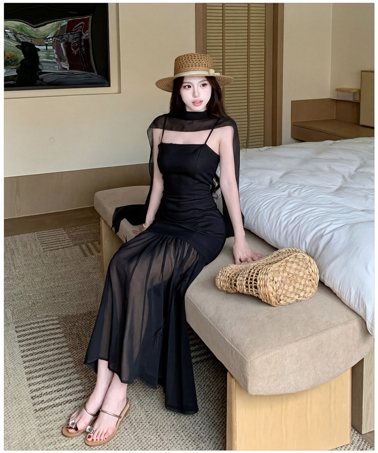 Sling flowers pinched waist dress lady splice long dress