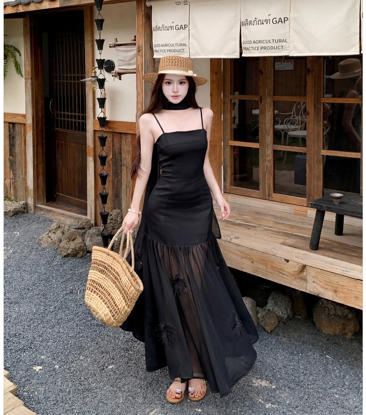 Sling flowers pinched waist dress lady splice long dress