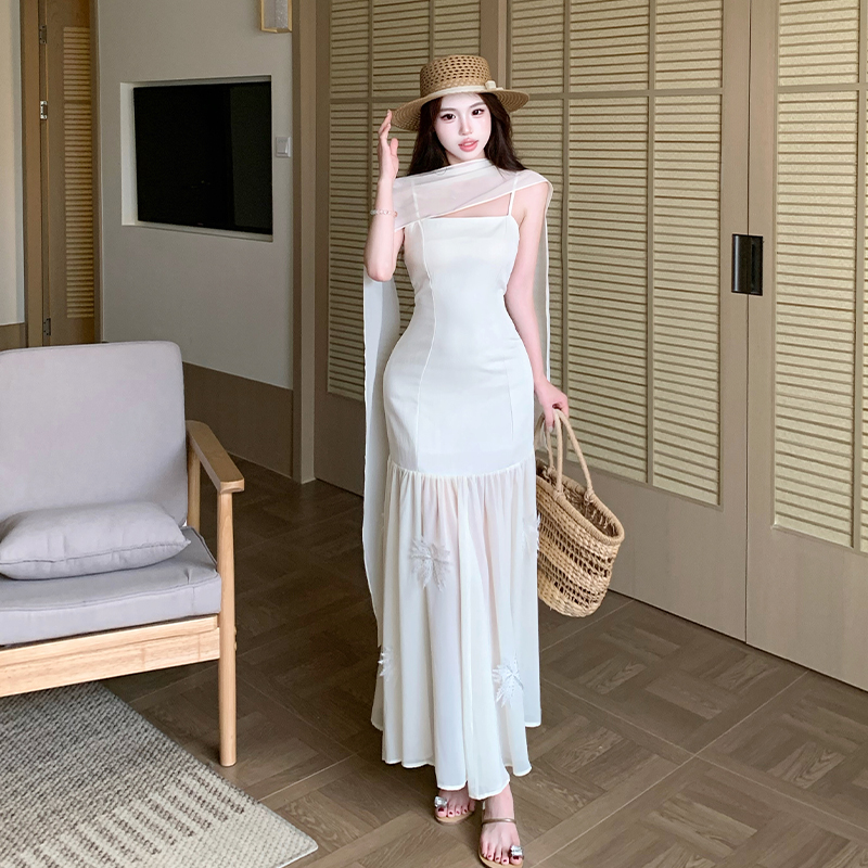 Sling flowers pinched waist dress lady splice long dress