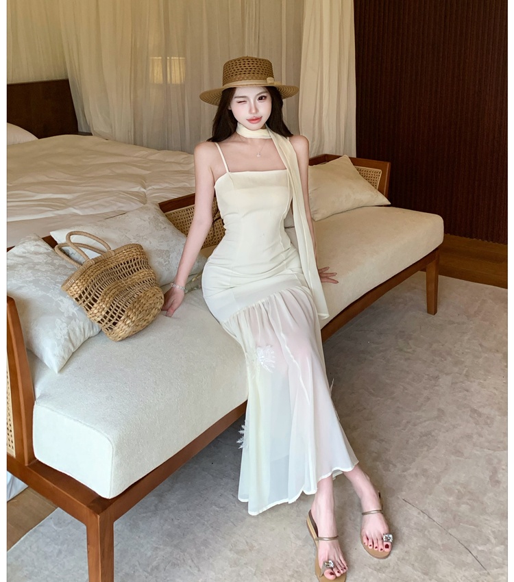 Sling flowers pinched waist dress lady splice long dress