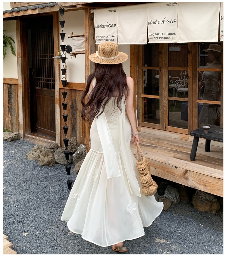 Sling flowers pinched waist dress lady splice long dress