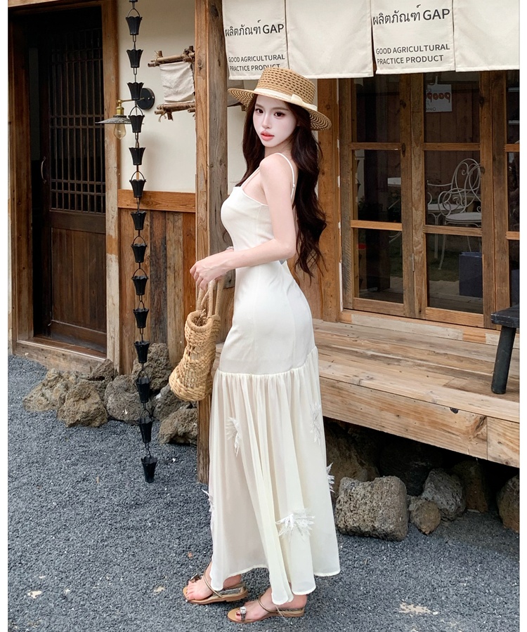 Sling flowers pinched waist dress lady splice long dress