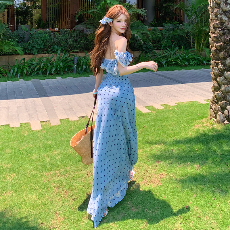 Printing France style lace sling blooming retro dress