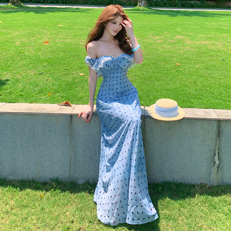Printing France style lace sling blooming retro dress