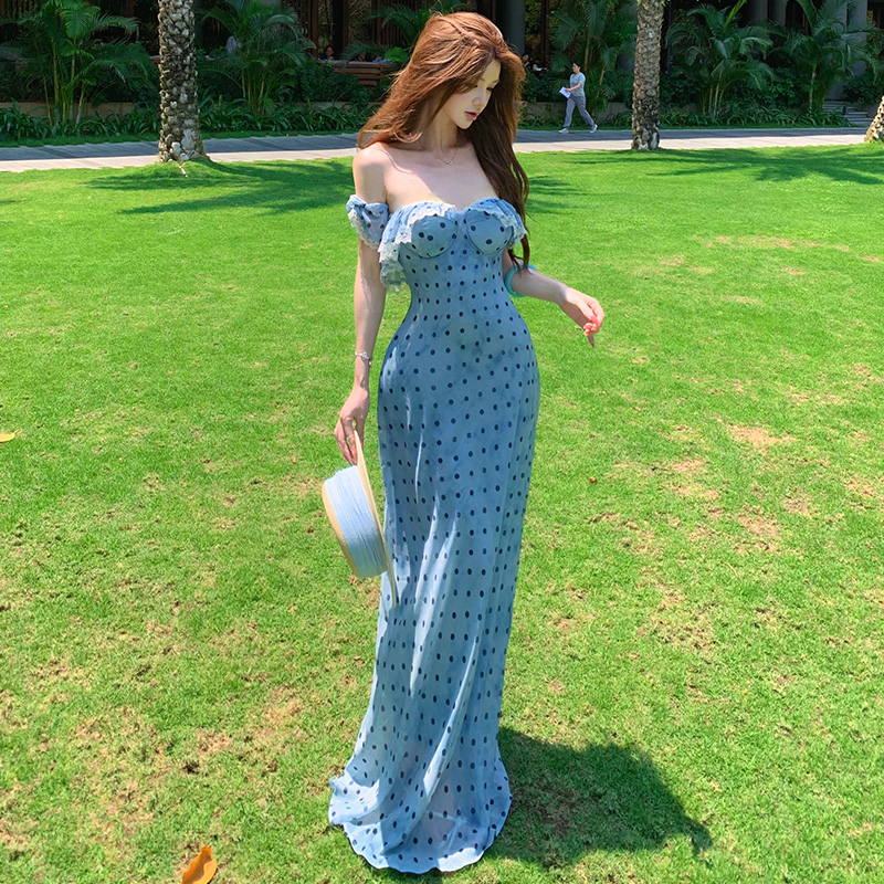 Printing France style lace sling blooming retro dress