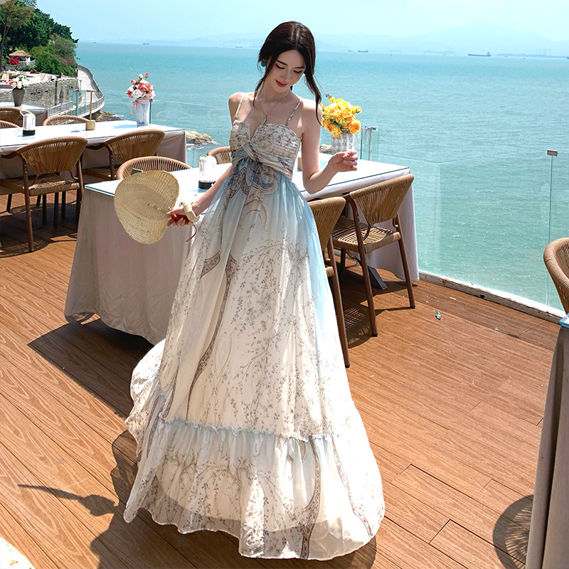 Long printing spring and summer sleeveless dress