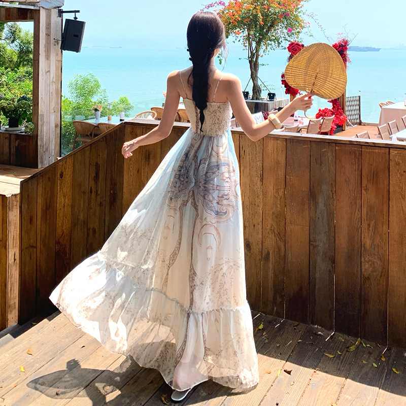 Long printing spring and summer sleeveless dress