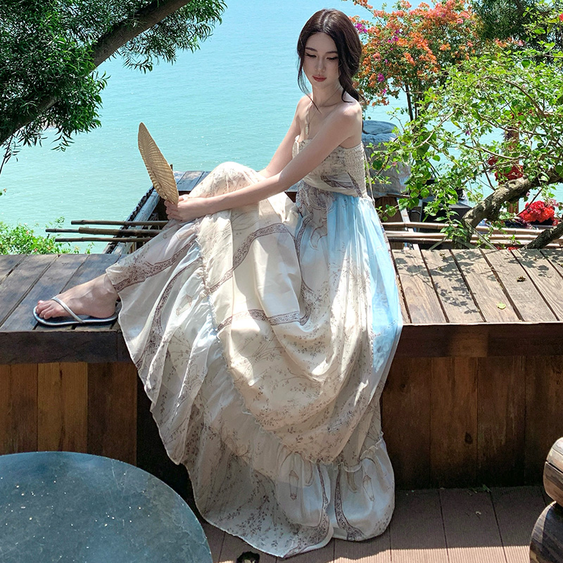 Long printing spring and summer sleeveless dress