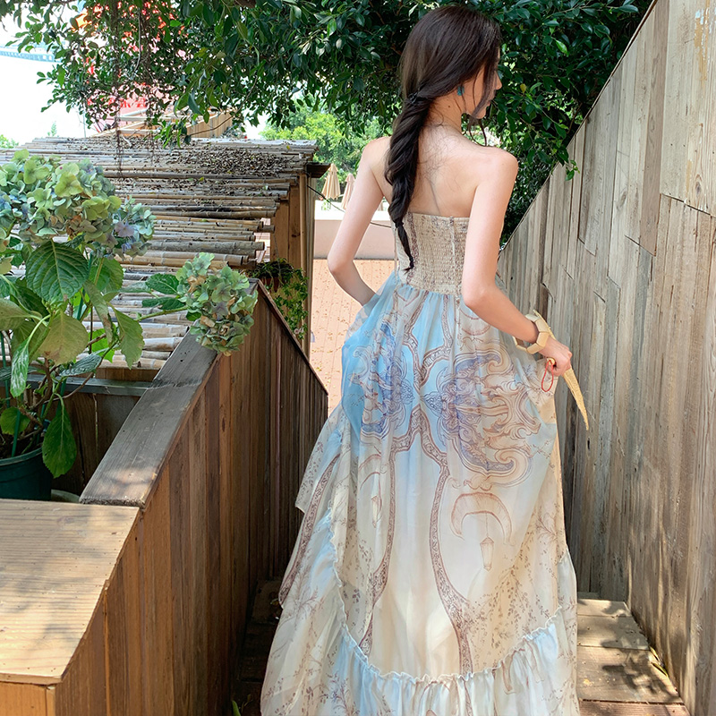Long printing spring and summer sleeveless dress