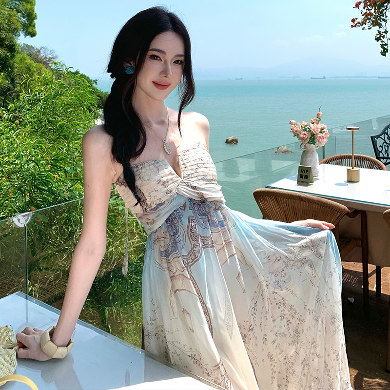 Long printing spring and summer sleeveless dress