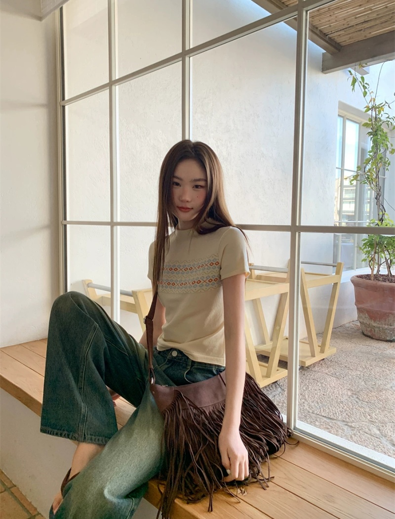 Slim jacquard tops summer knitted T-shirt for women