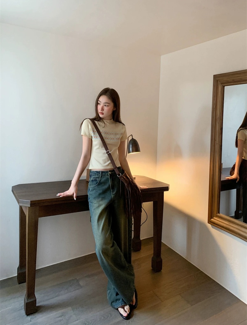 Slim jacquard tops summer knitted T-shirt for women